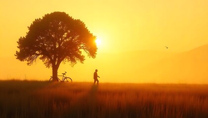 Obraz premium Golden Sunset Silhouette A Lone Figure Walks Through Field Near Tree With Bicycle Serene Scene