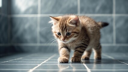 Tiny creamy tabby cat staring down and moving forward on the tiles