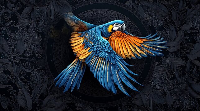 Vibrant, flying parrot design with ornate background.