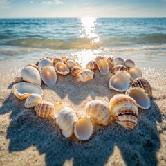Heart shape made of seashells on sandy beach