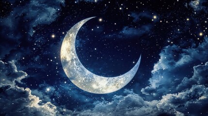 Fototapeta premium Crescent moon shining among clouds in night sky