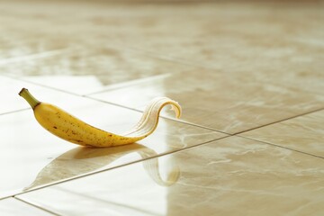 Banana peel on shiny tile floor with bright light reflection