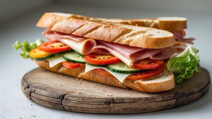 Baguette filled with cheese, ham, tomatoes, and veggies