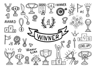 Winner big set. Hand drawn doodle illustration. Sports competition champion award. First place prize. Medal, cup, ribbon, podium. Victory, success. Vector line art collection of elements.