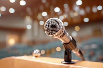 Closeup of microphone on podium before speech