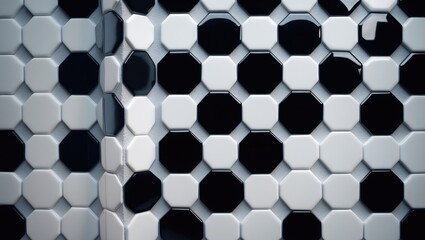 White grout with black octagon tiles in the backsplash, shower, and wall of the bathroom.