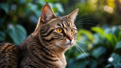 Obraz premium A tabby cat staring straight at the garden