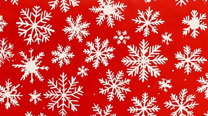 Festive red background adorned with numerous white snowflakes.