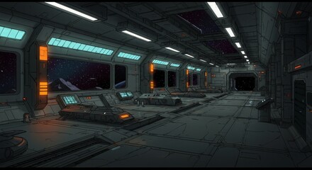 Fototapeta premium Futuristic 3D sci-fi interior of a spaceship corridor featuring metallic walls, glowing orange lights, and a large viewport showing stars in space. The environment has a clean, high-tech design with d
