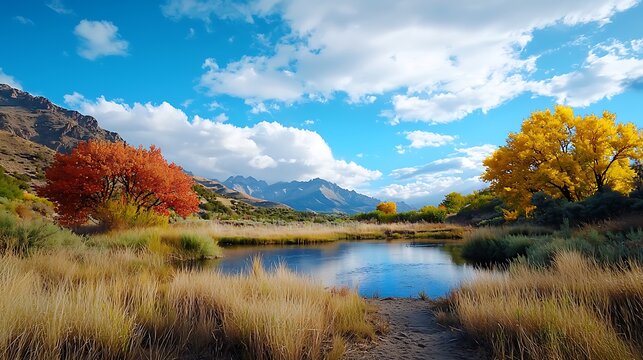 there is a small pond in the middle of a grassy area with mountains in the background