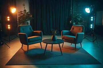 A thoughtfully designed studio with two armchairs and efficient lighting. 