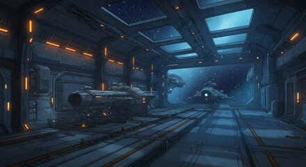 Fototapeta premium Futuristic 3D sci-fi interior of a spaceship corridor featuring metallic walls, glowing orange lights, and a large viewport showing stars in space. The environment has a clean, high-tech design with d