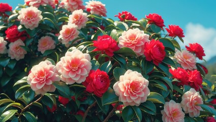 Common camellia, scientifically named Camellia japonica, features red flowers on a bush.