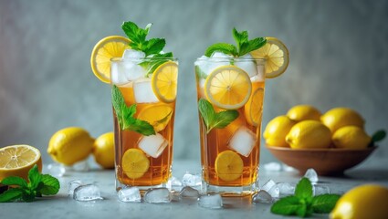 Lemon mint iced tea served with ice cubes. Icy summer refreshment.