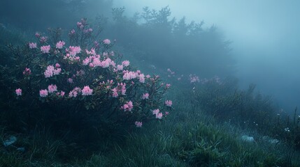Obraz premium In the early summer morning, pink rhododendron flowers bloom on a mountain in the Ukrainian Carpathians. 