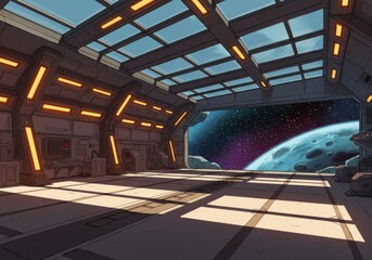 Futuristic 3D sci-fi interior of a spaceship corridor featuring metallic walls, glowing orange lights, and a large viewport showing stars in space. The environment has a clean, high-tech design