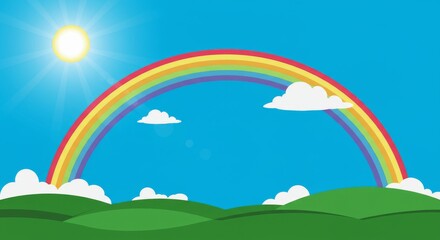 Bright and cheerful cartoon illustration of a vibrant rainbow arching over rolling green hills under a clear blue sky. The sun shines brightly with a few fluffy clouds scattered around