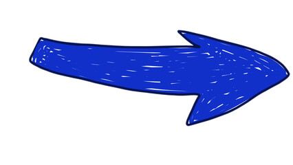 A bold, hand-drawn blue arrow pointing to the right with a sketch-style texture and white outline. The cartoon-style arrow is isolated on a transparent background