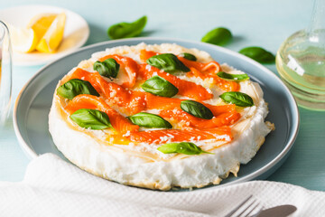 Omelette Poulard. Omelette of Mother Poulard. French omelette with whipped egg whites, lightly salted trout and basil. Beautiful, healthy and tasty breakfast.