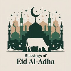 Eid Al-Adha – Islamic Sacrifice Festival Illustration with Mosque & Cow