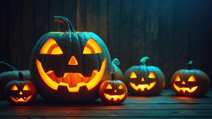 Fototapeta premium Shining Halloween jack o' lantern pumpkin heads on timber background