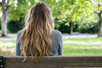 Young woman with long, flowing hair sitting on a wooden bench in a serene park surrounded by lush green trees on a sunny day, enjoying nature and tranquility.
