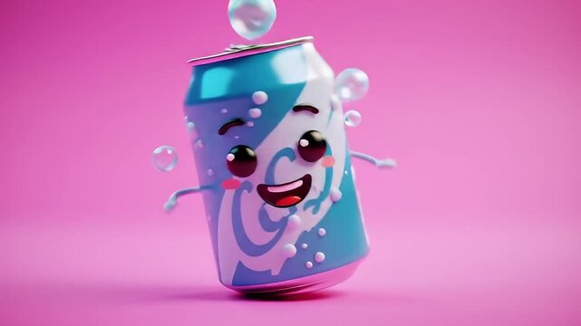 Animated Blue and White Soda Can with Bubbles against Pink Background