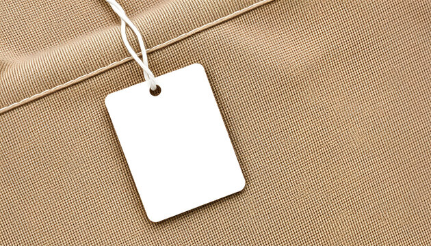 White blank clothing tag label on brown linen shirt fabric texture background, realistic. with white shades