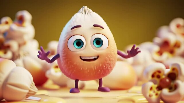 Animated Egg Character Smiles Amidst Scattered Popcorn in a Playful Studio Setting