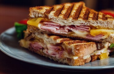 Grilled ham and cheese delight served on a vintage plate, capturing an inviting culinary experience