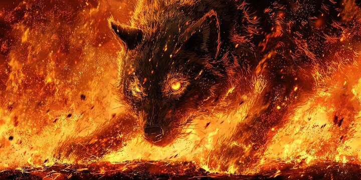 A colossal, fiery wolf, engulfed in a raging inferno, prowls the scorched earth. 
