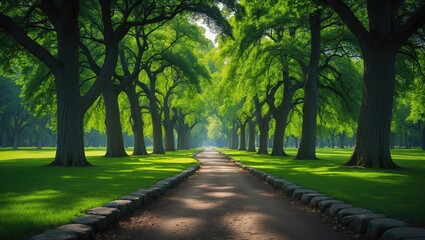 Fototapeta premium A pathway cutting through the park's core, lined with high trees