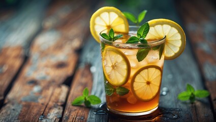 Fototapeta premium Glasses filled with iced tea and topped with lemon and mint on wood