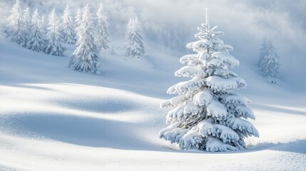 Snow covered fir tree in peaceful winter landscape