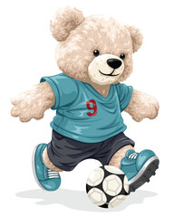 Cute teddy bear in soccer uniform kicking ball