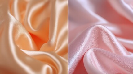 Obraz premium Elegant satin fabric in peach and pink shades highlights luxurious texture and soft lighting for exquisite artistic expression