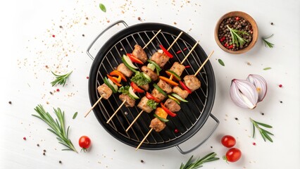 Grilled Chicken Skewers with Vegetables on BBQ, Top View. Healthy meal concept with tomato and onion, Skewer , Grill
