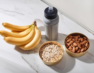 Healthy pre workout snacks with bananas, almonds, oats and water bottle on marble surface