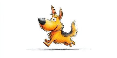 A running german shepherd drawn in a childish style, crayon drawing, white background, simple lines, children's book illustration style, simple cute shapes 