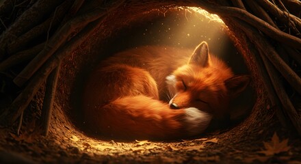 Sleeping Red Fox in Hole