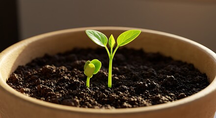 Tiny green seedling sprouting from dark soil in a terracotta pot near a sunny window indoors

