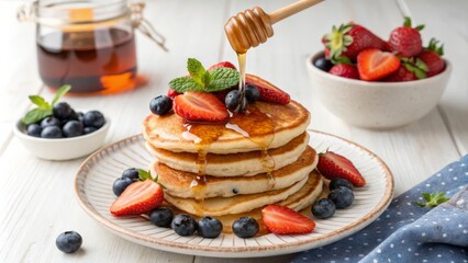Honey Drizzled Pancakes with Berries, Brunch, Breakfast