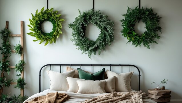 Above a fashionable bed frame in a peaceful room, three graceful wreaths of greenery contribute to a relaxing environment with natural elements.