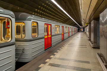 Obraz premium A five-car metro train operated by the Prague Public Transport Company in the metro network, which is the backbone of public urban transport in the capital of the Czech Republic.