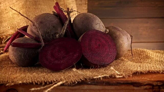 Sliced beetroot warm rustic backdrop presentation stock footage