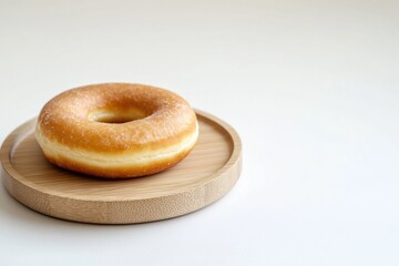 Delicious glazed donut on wooden plate minimalist setting food photography simple background close-up view