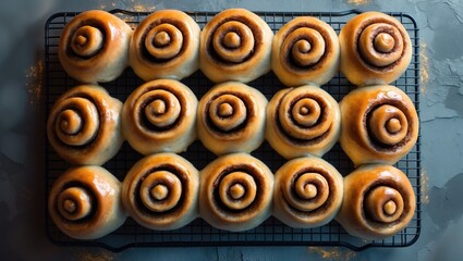 Fototapeta premium Sweet cinnamon rolls on a cooling rack
