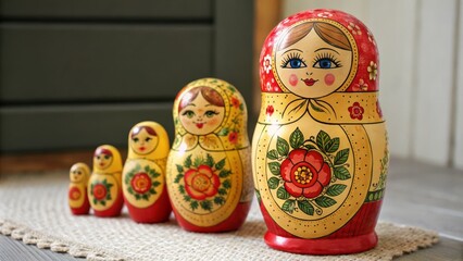 Fototapeta premium Matryoshka Dolls Set of Five Nesting Dolls with Floral Design, handicraft , souvenir
