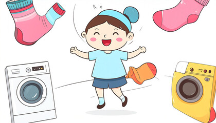 A joyful child leaps amidst flying socks and washing machines, celebrating clean laundry