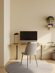Minimalist workspace interior featuring a modern computer setup with natural light ambiance